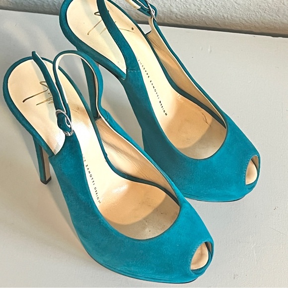 Giuseppe Zanotti Platform Stiletto High Heel Women’s Size 37 Suede Teal Peep Toe - Picture 6 of 6